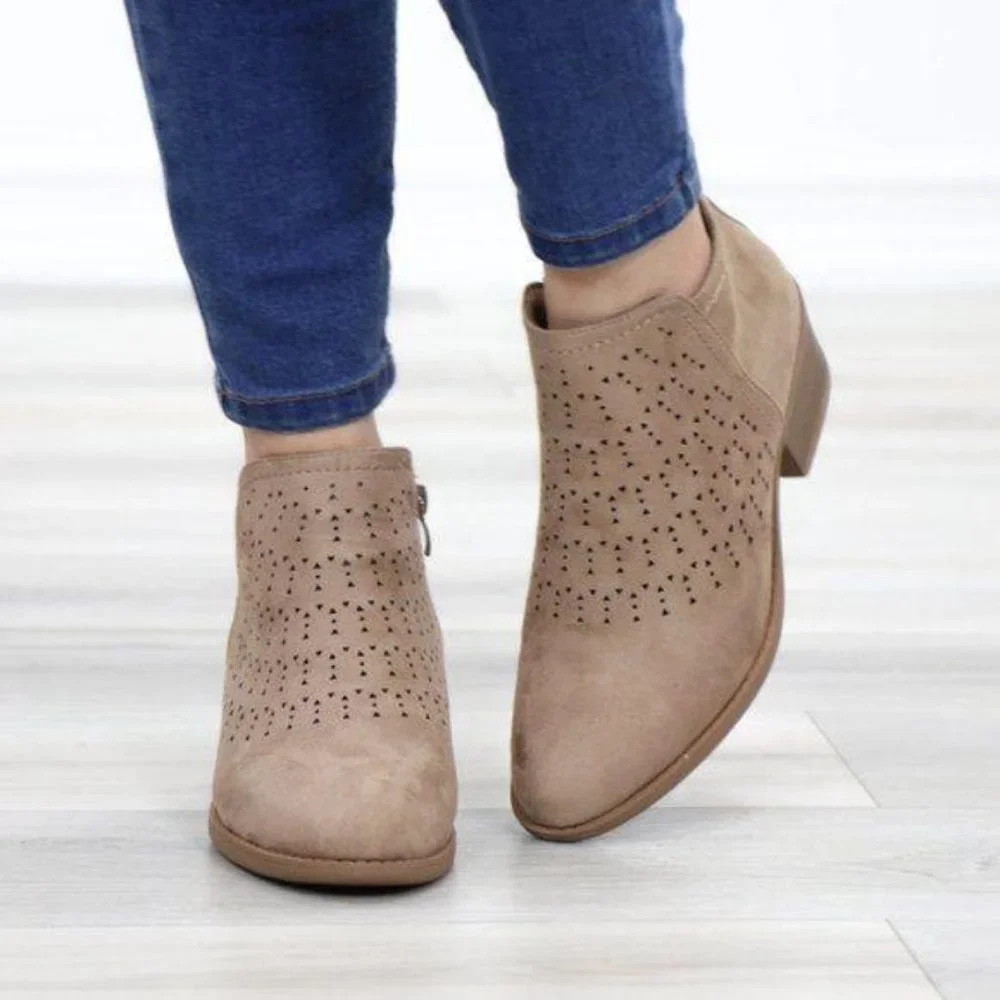 Boho Ankle Boots Taupe Suede Booties Low Heel Laser Cut Design With Zipper - Picture 2 of 11